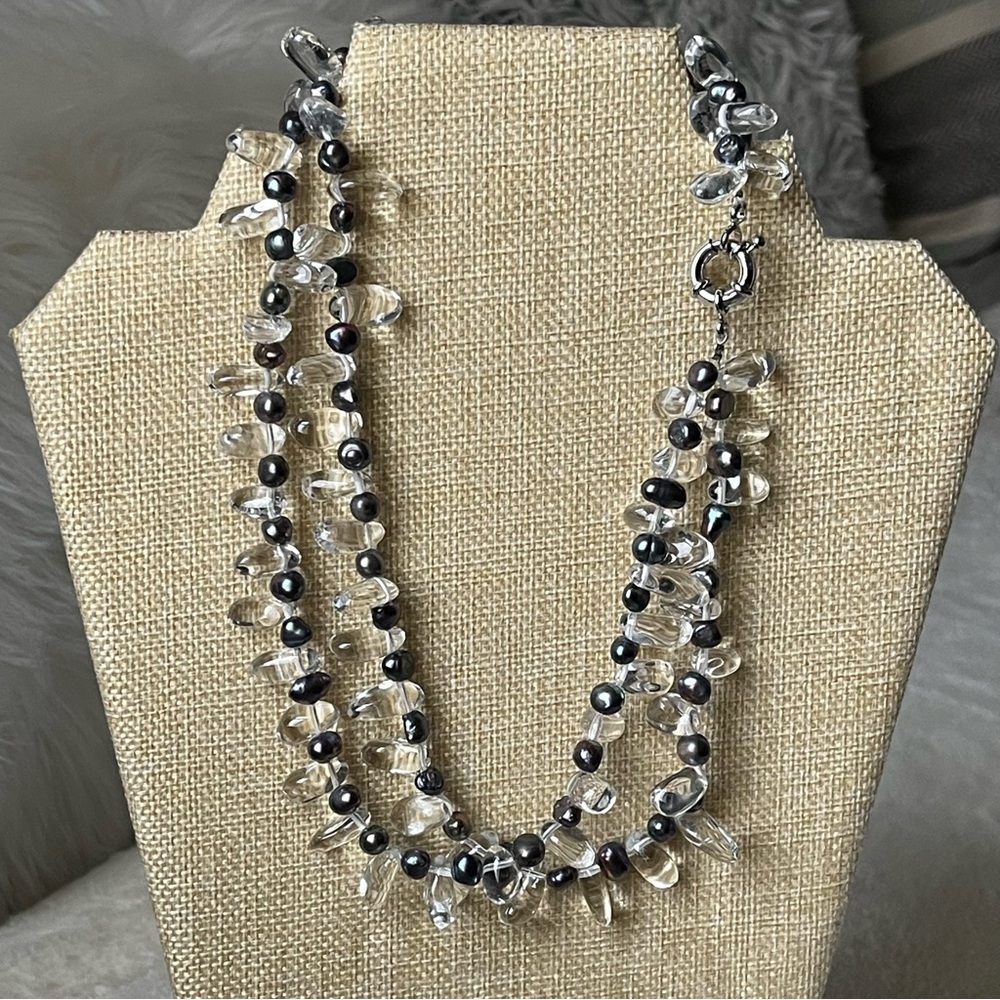 Rock Crystal Gemstones Black Rainbow Freshwater Pearls Two Strand 17"  Necklace
